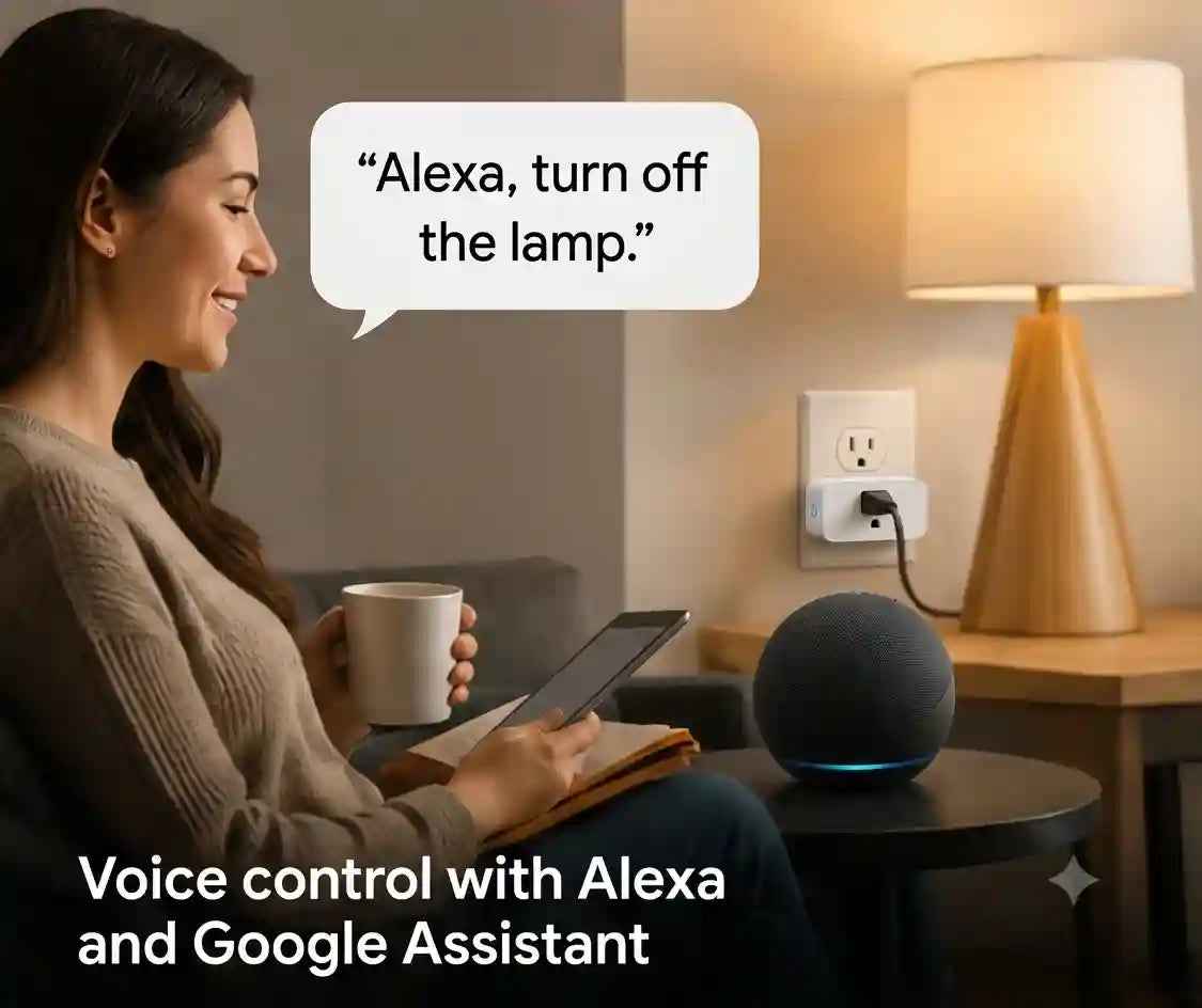 Homiio Smart WiFi Plug supporting Alexa and Google Assistant voice control for hands-free smart home automation.