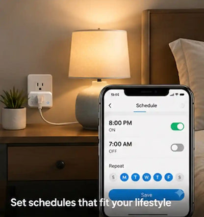 Homiio Smart WiFi Plug scheduling bedside lamp operation with automatic on and off timers from a smartphone.