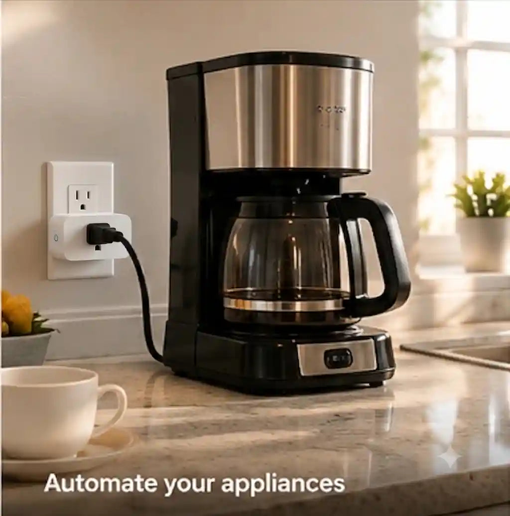 Homiio Smart WiFi Plug automatically controlling a coffee maker in a modern kitchen using scheduled automation.
