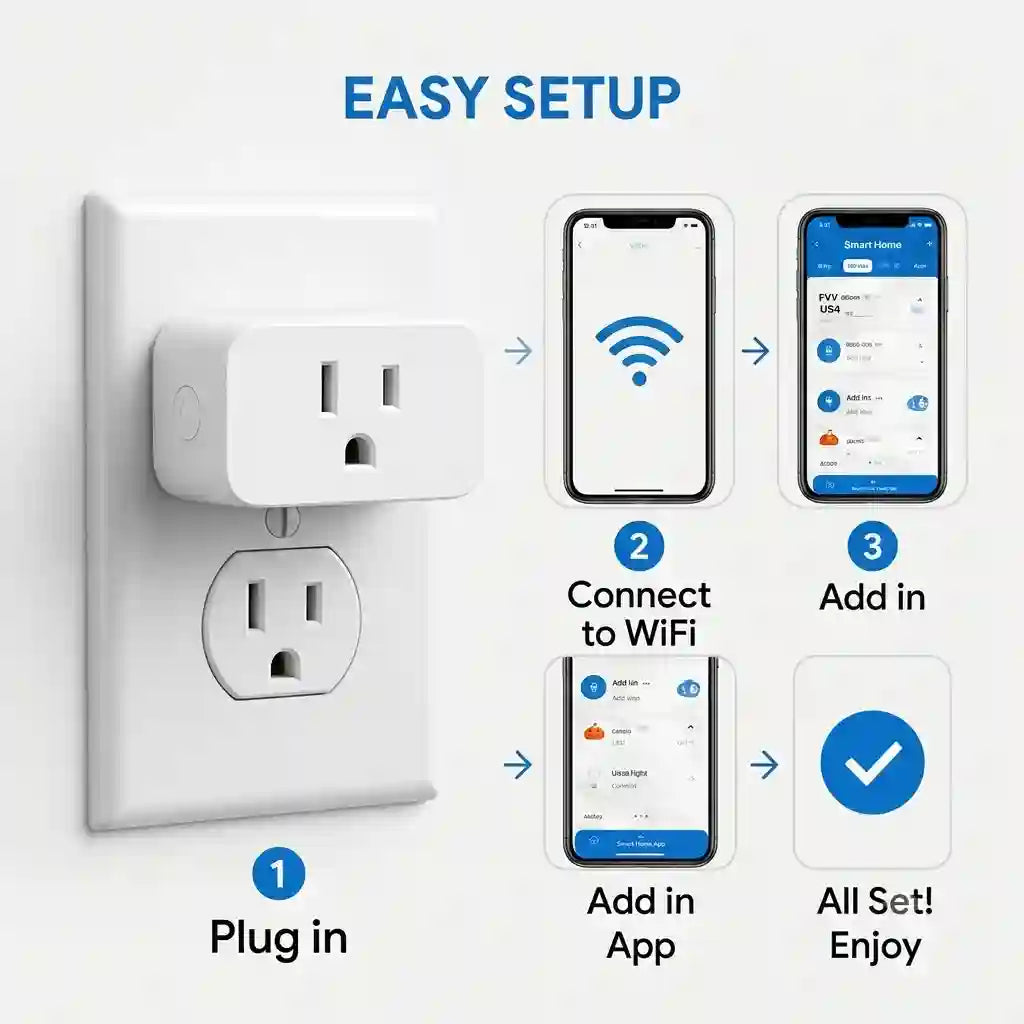 Step-by-step installation guide showing how to connect the Homiio Smart WiFi Plug to WiFi using the mobile app.