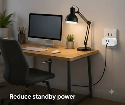 Homiio Smart WiFi Plug reducing standby power consumption for a home office desk with computer and lighting.