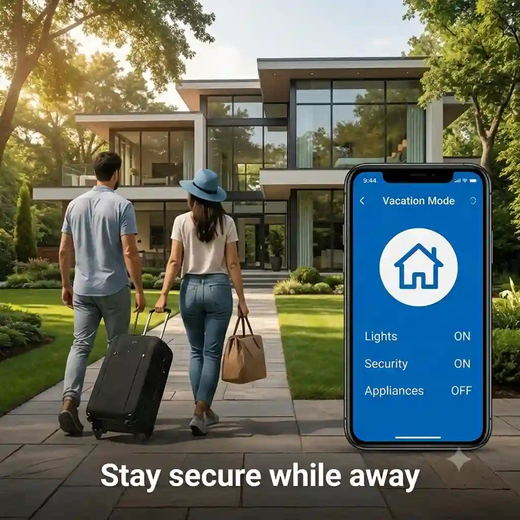 Homiio Smart WiFi Plug using vacation mode to automatically control lights for improved home security while away.