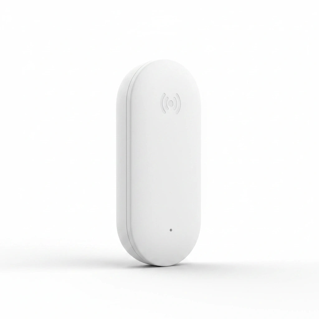 A white oval-shaped wireless sensor or tracker device with a subtle gray wireless signal icon and a small indicator dot on its front, set against a clean white background.