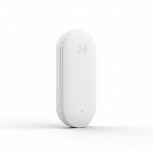 A white oval-shaped wireless sensor or tracker device with a subtle gray wireless signal icon and a small indicator dot on its front, set against a clean white background.