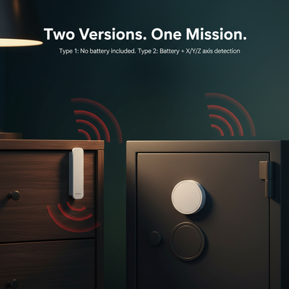 Two Homiio Zigbee vibration sensor versions in use — one on a cabinet drawer, one on a safe — with red signal waves and dark teal background