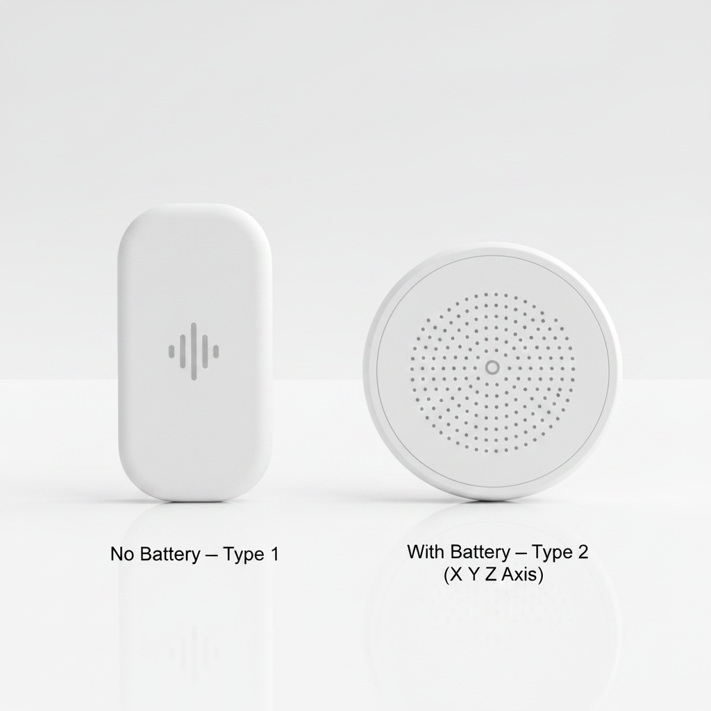 Two Homiio Zigbee vibration sensor versions side by side — Type 1 slim rectangular (no battery) and Type 2 round disc (battery + X/Y/Z axis) — on a white background