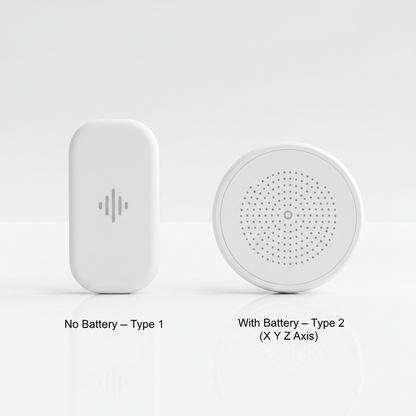 Two Homiio Zigbee vibration sensor versions side by side — Type 1 slim rectangular (no battery) and Type 2 round disc (battery + X/Y/Z axis) — on a white background