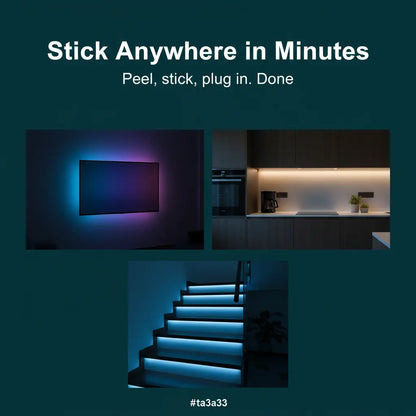 Promotional graphic for a flexible LED light strip that can be peeled and stuck anywhere. The top features white text reading 'Stick Anywhere in Minutes' and 'Peel, stick, plug in.