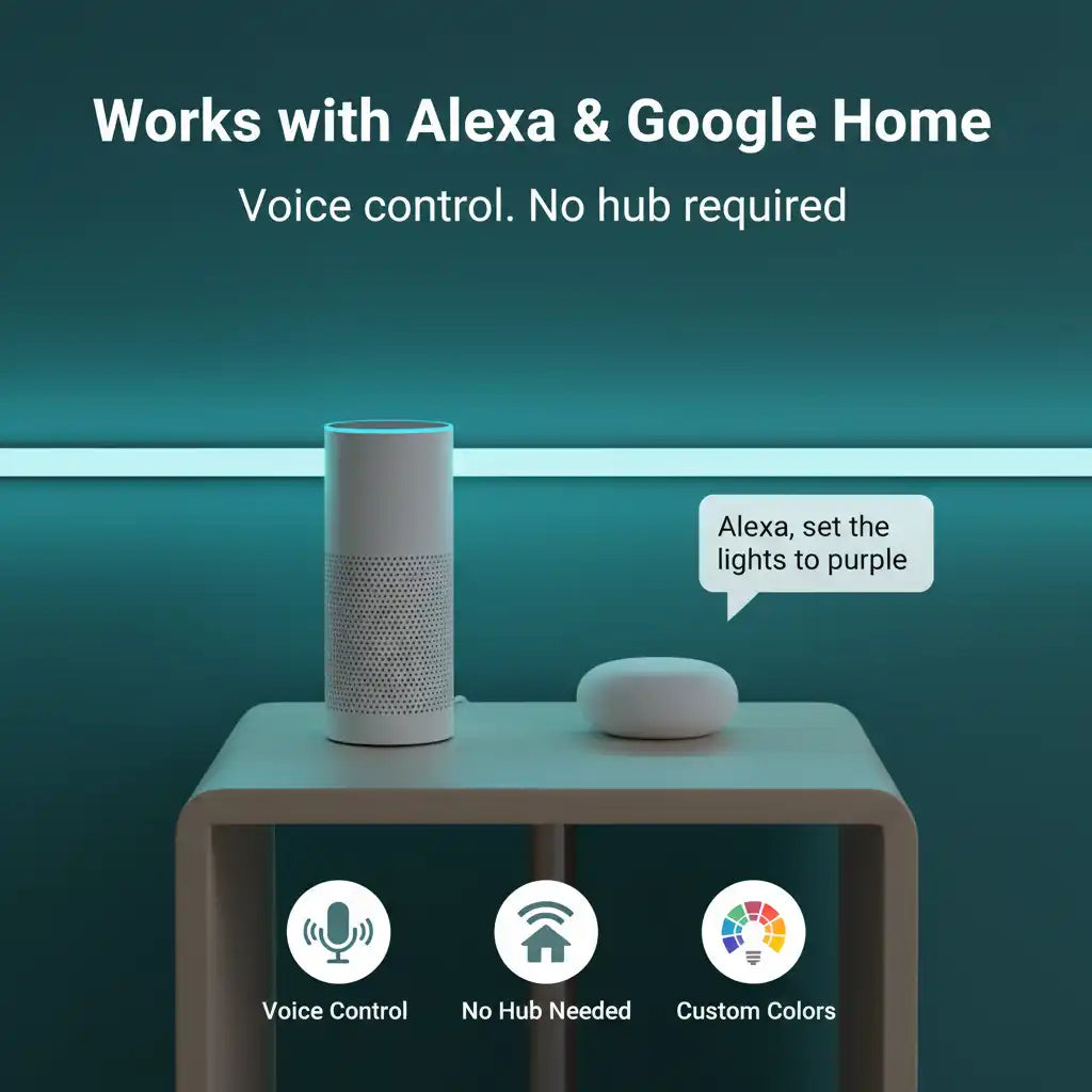 A smart home setup with a white cylindrical Alexa speaker and a small white oval device on a shelf against a teal background, with text reading 'Works with Alexa & Google Home' and feature icons below.