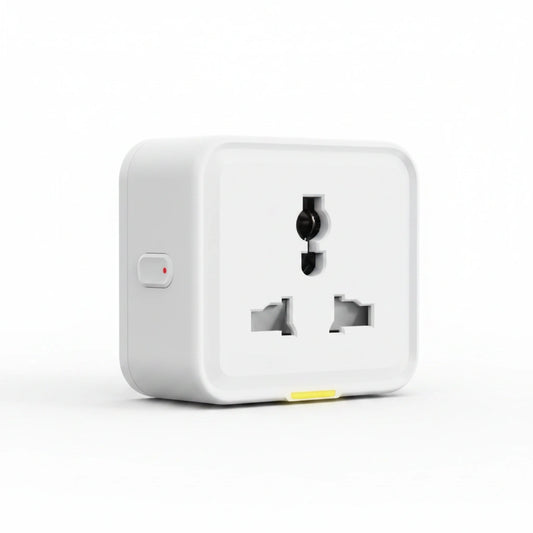 A white smart power adapter with a single-button side switch and a small yellow accent strip near the bottom front, shown on a clean white background.