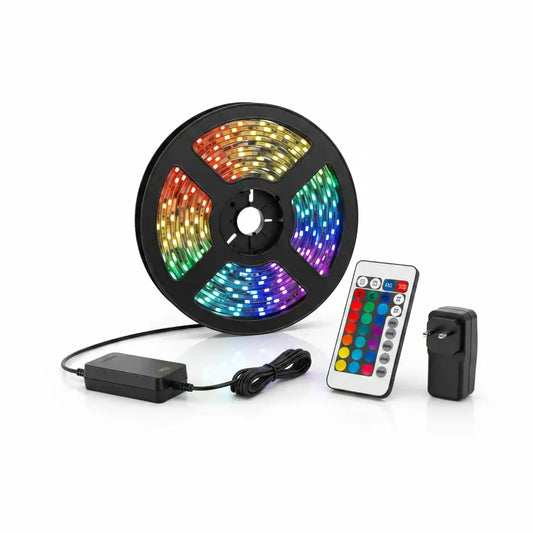 An RGB LED light strip reel with a black plastic frame, shown illuminated in a rainbow spectrum. The reel is accompanied by its black power adapter, a white remote control with colorful buttons, and a small black switch, all arranged on a clean white background.